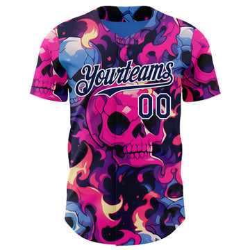 Custom Black Navy Hot Pink Blue-White Sugar Skull Day of the Dead Mexican Folk Art Authentic Baseball Jersey