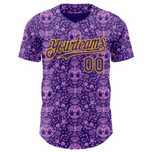 Load image into Gallery viewer, Custom Purple Gold Sugar Skull Day of the Dead Mexican Folk Art Authentic Baseball Jersey
