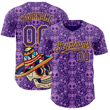 Load image into Gallery viewer, Custom Purple Gold Sugar Skull Day of the Dead Mexican Folk Art Authentic Baseball Jersey
