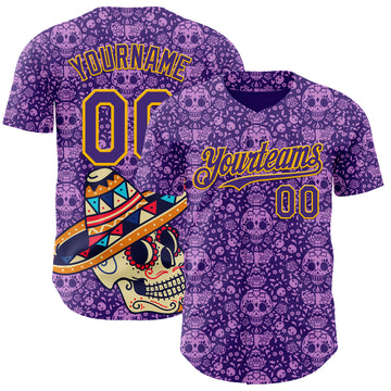 Custom Purple Gold Sugar Skull Day of the Dead Mexican Folk Art Authentic Baseball Jersey