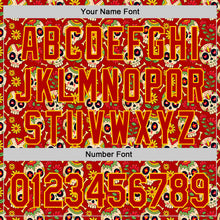 Load image into Gallery viewer, Custom Red Yellow Sugar Skull Day of the Dead Mexican Folk Art Authentic Baseball Jersey
