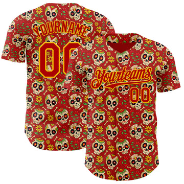 Custom Red Yellow Sugar Skull Day of the Dead Mexican Folk Art Authentic Baseball Jersey