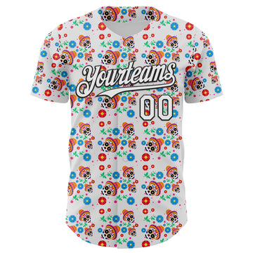 Custom White Black Sugar Skull Day of the Dead Mexican Folk Art Authentic Baseball Jersey
