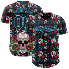 Charger l'image dans la galerie, Custom Black Sky Blue Sugar Skull Day of the Dead Mexican Folk Art Authentic Baseball Jersey
