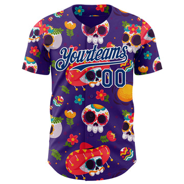Custom Purple US Navy Blue-White Sugar Skull Day of the Dead Mexican Folk Art Authentic Baseball Jersey
