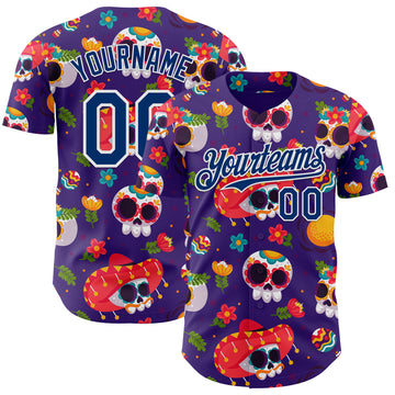 Custom Purple US Navy Blue-White Sugar Skull Day of the Dead Mexican Folk Art Authentic Baseball Jersey