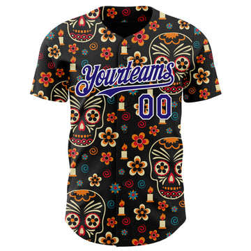 Custom Black Dark Purple-White Sugar Skull Day of the Dead Mexican Folk Art Authentic Baseball Jersey