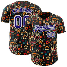 Charger l'image dans la galerie, Custom Black Dark Purple-White Sugar Skull Day of the Dead Mexican Folk Art Authentic Baseball Jersey
