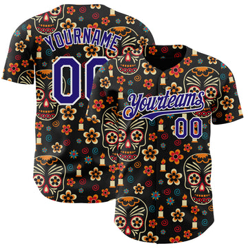 Custom Black Dark Purple-White Sugar Skull Day of the Dead Mexican Folk Art Authentic Baseball Jersey