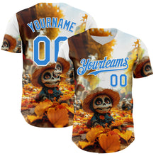 Load image into Gallery viewer, Custom White Electric Blue Sugar Skull Day of the Dead Mexican Folk Art Authentic Baseball Jersey
