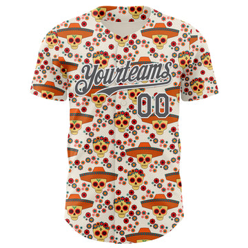Custom Cream Steel Gray-White Sugar Skull Day of the Dead Mexican Folk Art Authentic Baseball Jersey