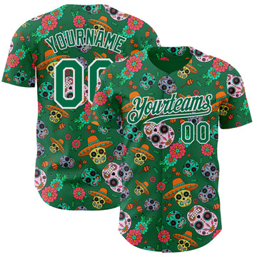 Custom Kelly Green White Sugar Skull Day of the Dead Mexican Folk Art Authentic Baseball Jersey
