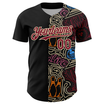 Custom Black Crimson-Cream Bowling Doodle Split Authentic Baseball Jersey