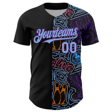 Custom Black Light Blue-Purple Bowling Doodle Split Authentic Baseball Jersey