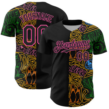 Custom Black Pink Grass Green-Gold Bowling Doodle Split Authentic Baseball Jersey