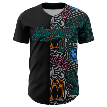 Custom Black Teal-Gray Bowling Doodle Split Authentic Baseball Jersey