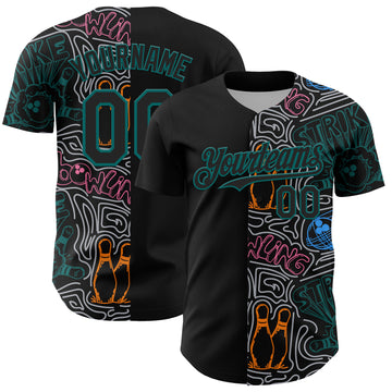 Custom Black Teal-Gray Bowling Doodle Split Authentic Baseball Jersey