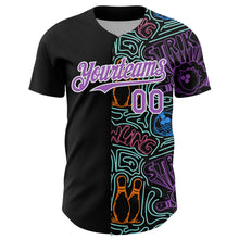 Laden Sie das Bild in den Galerie-Viewer, Custom Black Medium Purple White-Ice Blue Bowling Doodle Split Authentic Baseball Jersey

