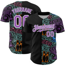 Laden Sie das Bild in den Galerie-Viewer, Custom Black Medium Purple White-Ice Blue Bowling Doodle Split Authentic Baseball Jersey
