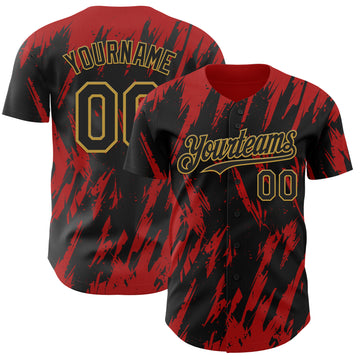 Custom Black Old Gold-Red 3D Pattern Design Splatter Torn Sharp Brush Stroke Authentic Baseball Jersey