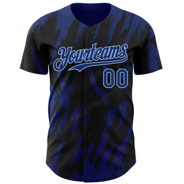 Custom Black Royal-Light Blue 3D Pattern Design Splatter Torn Sharp Brush Stroke Authentic Baseball Jersey