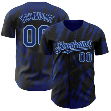Custom Black Royal-Light Blue 3D Pattern Design Splatter Torn Sharp Brush Stroke Authentic Baseball Jersey