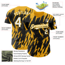 Laden Sie das Bild in den Galerie-Viewer, Custom Black White-Gold 3D Pattern Design Splatter Torn Sharp Brush Stroke Authentic Baseball Jersey
