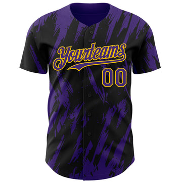 Custom Black Purple-Yellow 3D Pattern Design Splatter Torn Sharp Brush Stroke Authentic Baseball Jersey