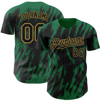 Custom Black Old Gold-Kelly Green 3D Pattern Design Splatter Torn Sharp Brush Stroke Authentic Baseball Jersey