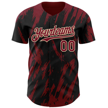 Custom Black Crimson-Cream 3D Pattern Design Splatter Torn Sharp Brush Stroke Authentic Baseball Jersey