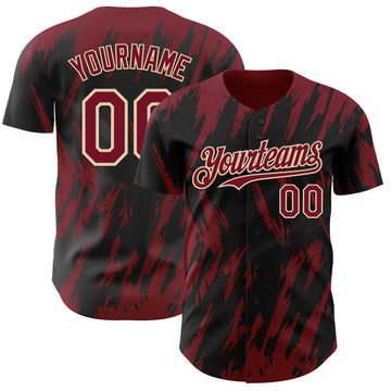 Custom Black Crimson-Cream 3D Pattern Design Splatter Torn Sharp Brush Stroke Authentic Baseball Jersey