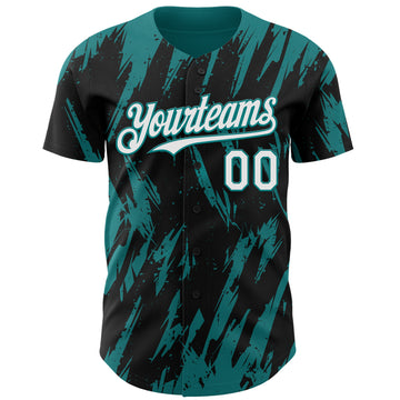 Custom Black White-Teal 3D Pattern Design Splatter Torn Sharp Brush Stroke Authentic Baseball Jersey