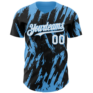 Custom Black White-Sky Blue 3D Pattern Design Splatter Torn Sharp Brush Stroke Authentic Baseball Jersey