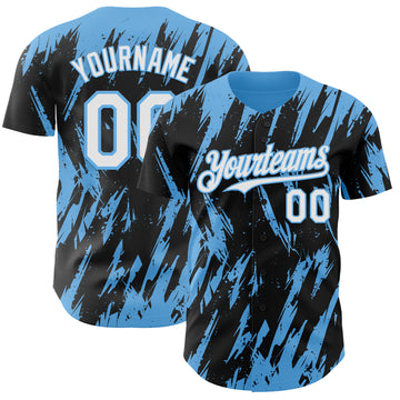 Custom Black White-Sky Blue 3D Pattern Design Splatter Torn Sharp Brush Stroke Authentic Baseball Jersey
