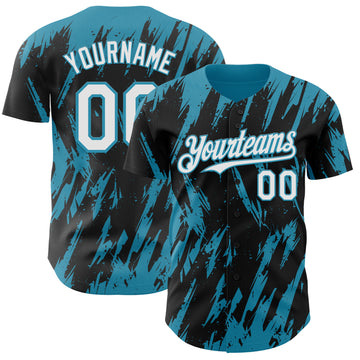 Custom Black White-Panther Blue 3D Pattern Design Splatter Torn Sharp Brush Stroke Authentic Baseball Jersey