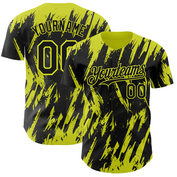Custom Black Neon Yellow 3D Pattern Design Splatter Torn Sharp Brush Stroke Authentic Baseball Jersey