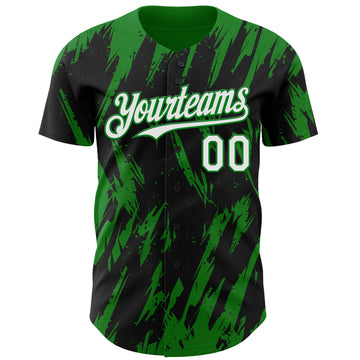 Custom Black White-Grass Green 3D Pattern Design Splatter Torn Sharp Brush Stroke Authentic Baseball Jersey