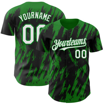Custom Black White-Grass Green 3D Pattern Design Splatter Torn Sharp Brush Stroke Authentic Baseball Jersey