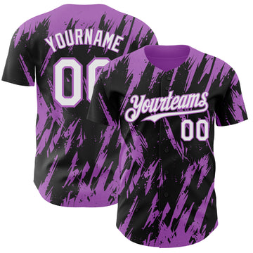 Custom Black White-Medium Purple 3D Pattern Design Splatter Torn Sharp Brush Stroke Authentic Baseball Jersey