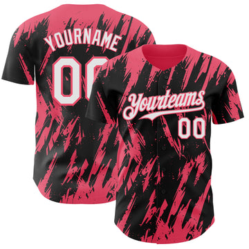 Custom Black White-Neon Pink 3D Pattern Design Splatter Torn Sharp Brush Stroke Authentic Baseball Jersey