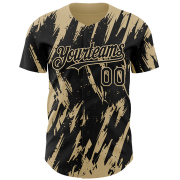 Custom Black Vegas Gold 3D Pattern Design Splatter Torn Sharp Brush Stroke Authentic Baseball Jersey