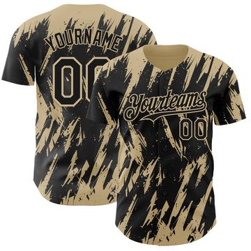 Custom Black Vegas Gold 3D Pattern Design Splatter Torn Sharp Brush Stroke Authentic Baseball Jersey