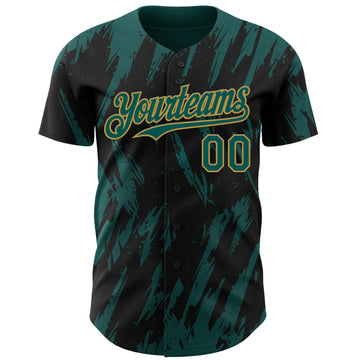 Custom Black Midnight Green-Old Gold 3D Pattern Design Splatter Torn Sharp Brush Stroke Authentic Baseball Jersey