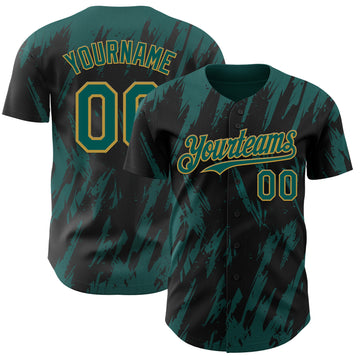 Custom Black Midnight Green-Old Gold 3D Pattern Design Splatter Torn Sharp Brush Stroke Authentic Baseball Jersey