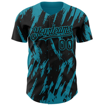 Custom Black Teal 3D Pattern Design Splatter Torn Sharp Brush Stroke Authentic Baseball Jersey