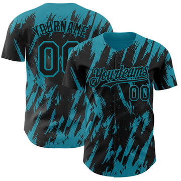 Custom Black Teal 3D Pattern Design Splatter Torn Sharp Brush Stroke Authentic Baseball Jersey
