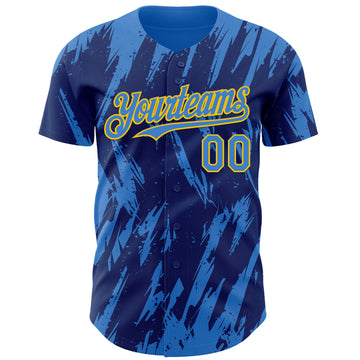 Custom Royal Powder Blue-Yellow 3D Pattern Design Splatter Torn Sharp Brush Stroke Authentic Baseball Jersey
