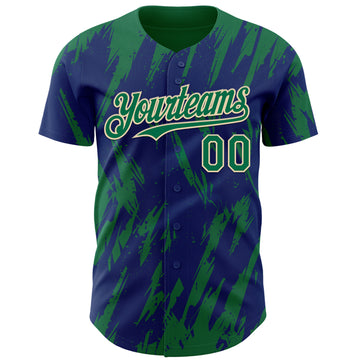 Custom Royal Kelly Green-Cream 3D Pattern Design Splatter Torn Sharp Brush Stroke Authentic Baseball Jersey