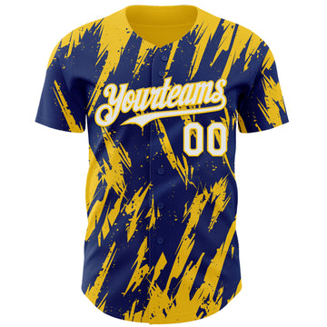 Custom Royal White-Yellow 3D Pattern Design Splatter Torn Sharp Brush Stroke Authentic Baseball Jersey