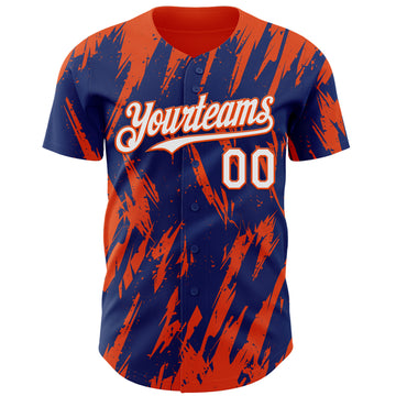 Custom Royal White-Orange 3D Pattern Design Splatter Torn Sharp Brush Stroke Authentic Baseball Jersey